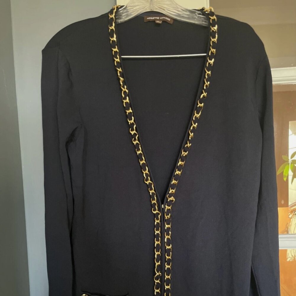 Adrienne Vittadini Womens Long Sleeve Knit Gold Chain Navy Blue Cardigan L/XL
